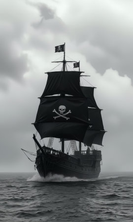 shadowy pirate ship with ominous skull sails advancing through tumultuous ocean and storm cloudsの素材