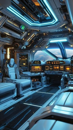 futuristic spacecraft control room, modern spaceship cockpit with advanced technology setupの素材