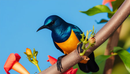 sunbird perched on vibrant orange blooms, iridescent plumage catches sunlight on lush garden branchの素材
