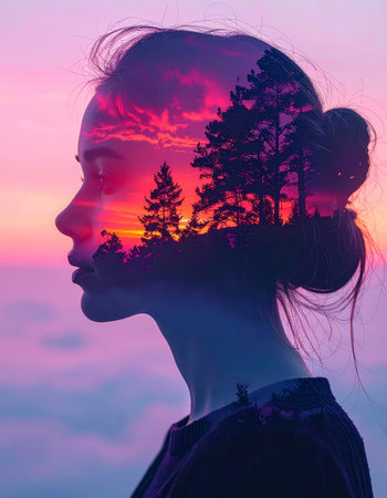 desert woman silhouette, portrait capturing nomadic woman with camels under layered pink violet skyの素材