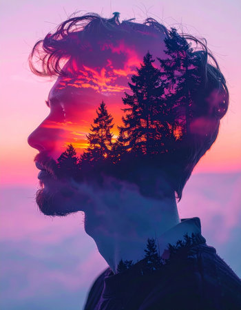 figure blends into woodland scene, tranquil silhouette of person within evening woodland environmentの素材