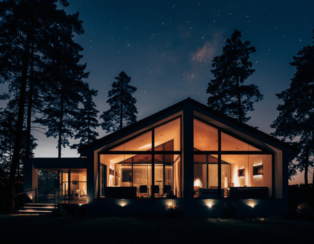 remote glassfronted lodge nestled among tall pines under shimmering night sky for tranquilの素材