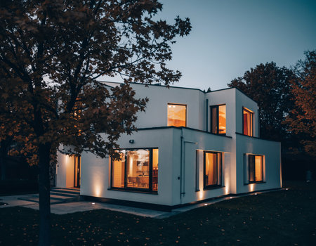 contemporary illuminated residence, chic white dwelling with bright interiors and landscaped gardenの素材