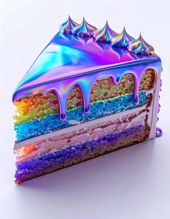 spectacular multilayered rainbow cake adorned with glossy holographic coating and decorationの素材
