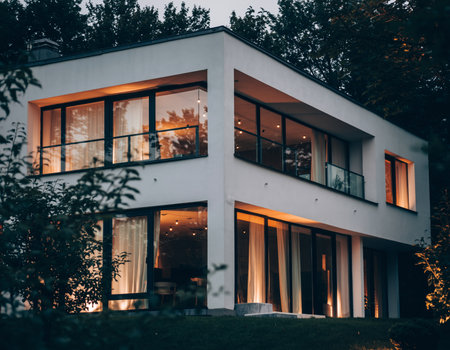 contemporary illuminated residence, chic white dwelling with bright interiors and landscaped gardenの素材