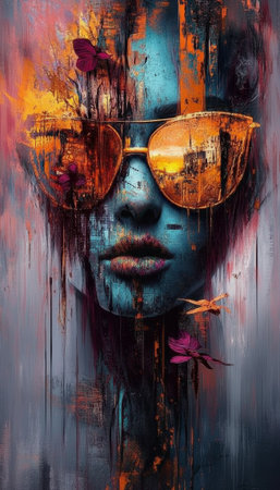 colorful stylish lady, dynamic portrait of woman with floral accessories and textured artisticの素材