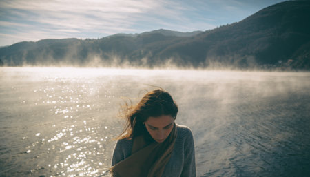 thoughtful woman outdoors, serene lady by tranquil lake, reflective woman gazing across peacefullyの素材