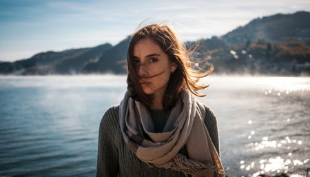 thoughtful woman outdoors, serene lady by tranquil lake, reflective woman gazing across peacefullyの素材