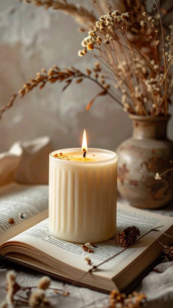 cozy writing environment, idyllic workspace illuminated by gentle candlelight and natural sunlightの素材