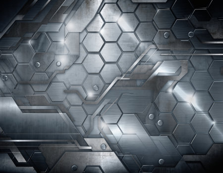 An abstract, dark metallic background featuring a complex, repetitive hexagonal grid pattern, conveying concepts of technology, data, innovation, and futuristic design. High quality photoの素材
