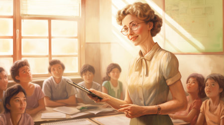 A nostalgic watercolor illustration depicting a female teacher standing at her desk in a traditional classroom. The image conveys themes of education, learning, history, and teaching profession. High quality photoの素材