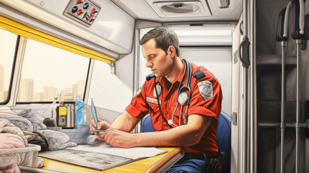 A modern watercolor illustration depicting a man working remotely on a laptop inside a sunny camper van. Conveys digital nomad lifestyle, freedom, travel, and mobile office concept. High quality photoの素材