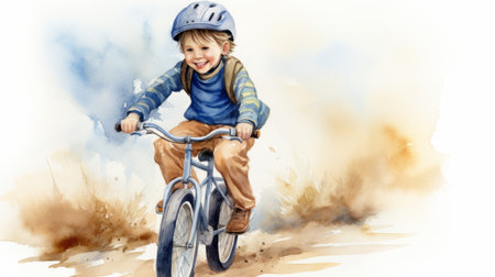 A charming watercolor illustration of a young boy riding his bicycle on a sunny day. The artistic style conveys themes of childhood freedom, play, exercise, and outdoor activity. High quality photoの素材