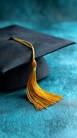 A classic black graduation cap mortarboard featuring a rich gold tassel, set against a dark blue textured background. This image symbolizes achievement, education, and ceremony. High quality photoの素材