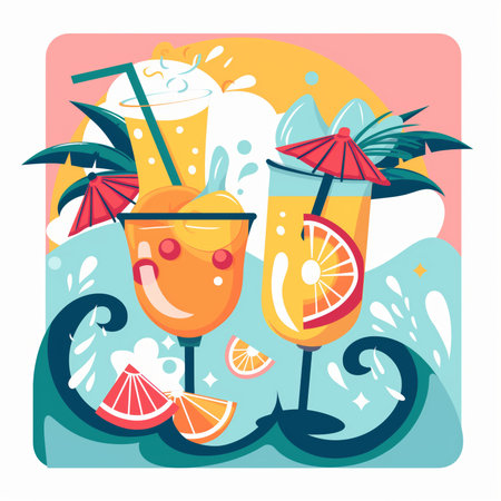 A dynamic, fun cartoon illustration of two happy-faced tropical cocktails with splashing waves and citrus slices. The design is energetic, cheerful, and perfect for summer promotions. High quality photoの素材