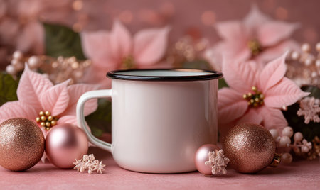 A tight close-up mockup of a white enamel mug, emphasizing the surrounding pink flowers and soft, blurred background. Perfect for displaying subtle branding or seasonal holiday messages. High quality photoの素材