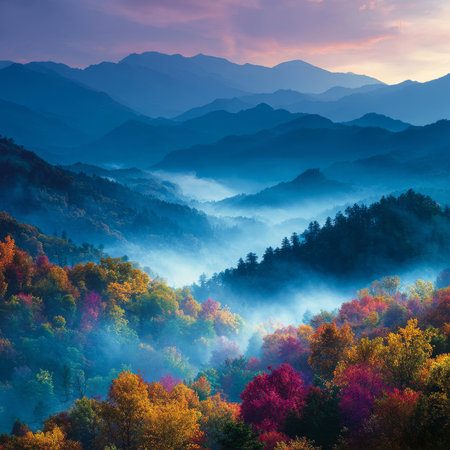 A stunning mountain landscape with fog settling in the valleys, highlighting the vibrant autumn colors of the trees. The image conveys peace, nature, and the beauty of the fall season. High quality photoの素材