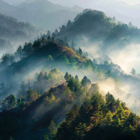 A breathtaking, misty mountain landscape with sunlight breaking through the fog, illuminating the forest canopy and valleys. Conveys tranquility, nature, and majestic scenery. High quality photoの素材