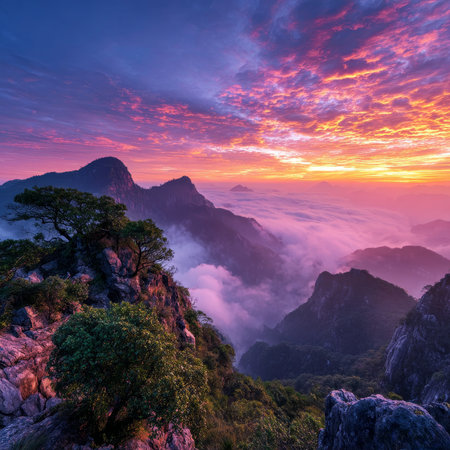 A breathtaking, epic mountain landscape captured at sunset with a dramatic,. High quality photoの素材