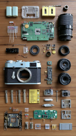 A detailed flat lay photograph of various vintage and analog camera equipment, including lenses and accessories, neatly arranged on a dark wooden surface. Conveys photography and retro style. High quality photoの素材