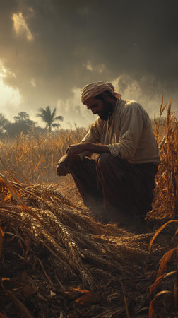 A solemn photograph of a person, likely a farmer or agricultural worker, kneeling and looking down in a field of dry, harvested hay or grass, possibly at sunset, conveying labor and contemplation. High quality photoの素材