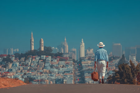 The silhouette of a person standing on a hilltop or road overlooks a dense, distant city skyline San Francisco or similar and bay, capturing a sense of scale and urban panorama. High quality photoの素材