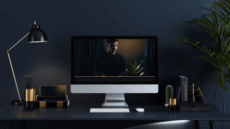 A moody, minimalist desktop scene with a dark blue or black color palette, featuring an all-in-one computer displaying a portrait of a man in a black sweater, surrounded by stylish black and gold office decor and a houseplant. High quality photoの素材