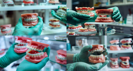 A four-panel collage featuring gloved hands of a dentist or orthodontist holding pink and white plastic jaw models, many fitted with visible metallic braces, emphasized dental care and education. High quality photoの素材
