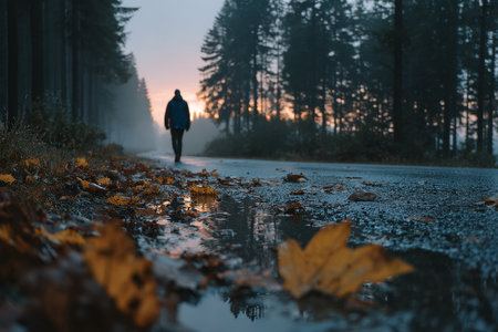 A solitary figure is photographed from behind, walking away along a narrow, damp road through a dark autumn forest or park, emphasizing themes of loneliness, journey, and nature. High quality photoの素材