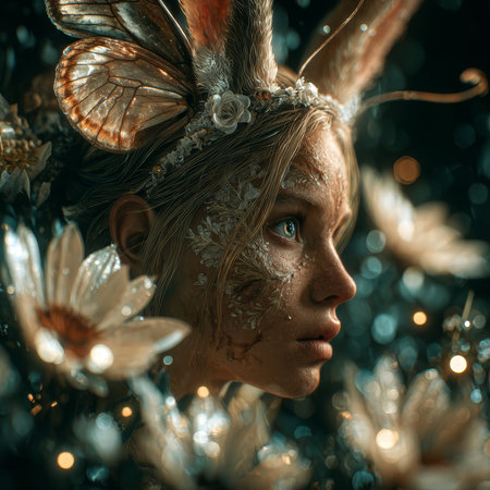 A hyper-realistic, dark fantasy portrait of a woman's face adorned with gold leaf, pearls, and elaborate natural elements, like bark and flowers, suggesting a forest spirit or dryad. High quality photoの素材