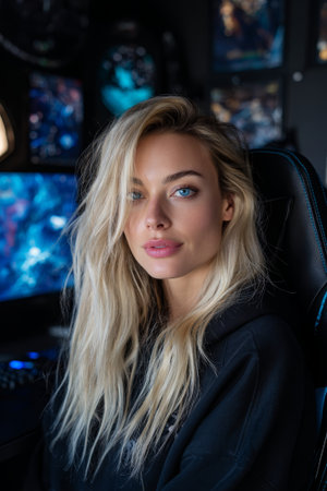 A stylish, modern portrait of a beautiful young woman with sleek blonde hair, wearing a black top or dress, illuminated by soft studio light, conveying fashion and elegance. High quality photoの素材