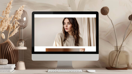 A contemporary, minimalist desktop scene featuring an all-in-one computer displaying a portrait of a woman in a beige sweater, surrounded by elegant, earthy-toned decorative objects and dry pampas grass. High quality photoの素材
