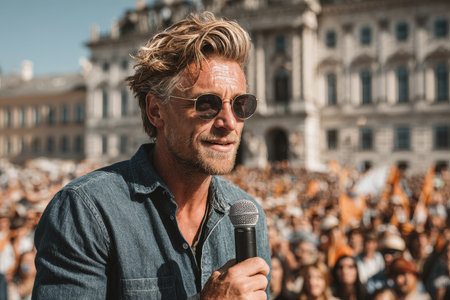A close-up, cinematic portrait of a confident man with blonde hair and sunglasses speaking into a microphone at a sunny public event. He wears a denim shirt; a large crowd is blurred behind him. High quality photoの素材