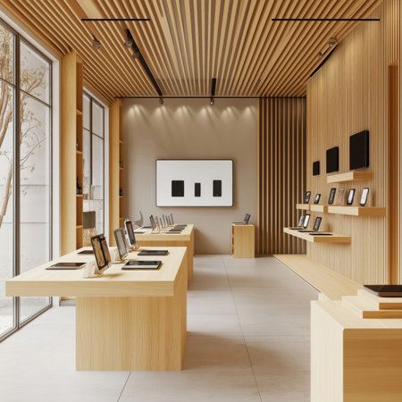 A wide-angle interior photograph of a clean, bright, and minimalist modern retail store or mobile device outlet, featuring sleek wooden and white display tables and illuminated shelves. High quality photoの素材