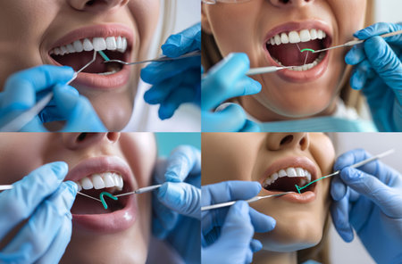 A four-panel collage showing a dentist (or hygienist) in gloves demonstrating the correct technique for using dental floss on a patient, emphasized oral hygiene and professional care. High quality photoの素材