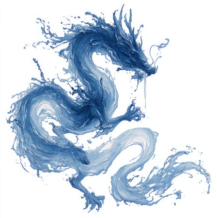 A dynamic illustration of a swirling dragon created with flowing blue and white watercolor strokes, giving an ethereal, fluid appearance, suitable for fantasy or artistic themes. High quality photoの素材