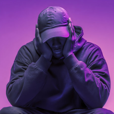 An ultra-realistic, dramatic portrait of a man wearing a purple hoodie and a cap pulled low, with strong shadows and vivid magenta lighting, conveying a moody, urban, or street style. High quality photoの素材