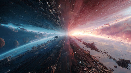 An abstract dark background featuring bright, sweeping light streaks in blue and pink, crossed by sharp geometric lines, suggesting a futuristic concept, high-speed travel, or digital data flow. High quality photoの素材