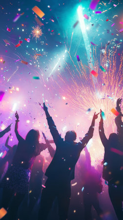A dynamic silhouette image of a large crowd of people celebrating outdoors at night, with hands raised, set against a backdrop of bright fireworks and abstract light bursts, conveying excitement and party atmosphere. High quality photoの素材