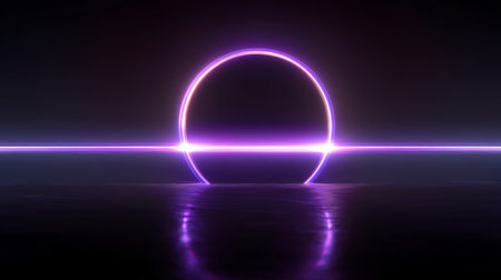 A dark, futuristic night scene featuring a vibrant, glowing neon pink ring hovering over still water, creating a perfect reflection, suggesting high-tech, abstract concepts, or a portal. High quality photoの素材