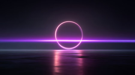 A dark, futuristic night scene featuring a vibrant, glowing neon pink ring hovering over still water, creating a perfect reflection, suggesting high-tech, abstract concepts, or a portal. High quality photoの素材