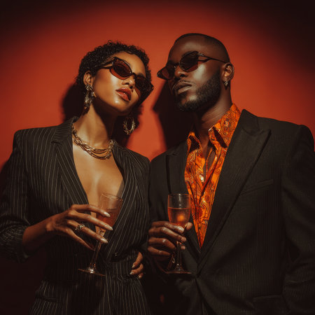 A moody, realistic illustration or photo composite of a Black couple in suits, holding drinks, set in a dark, low-light environment with rich, warm tones, conveying intimacy and sophistication. High quality photoの素材