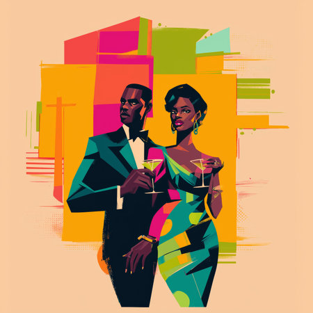 A bold pop-art illustration of a Black couple, using color blocking and graphic shapes in orange, pink, and yellow, focusing on modern, clean lines and dynamic contrast for a stylish effect. High quality photoの素材