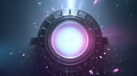A glowing circular energy core emitting bright light and particles in a futuristic sci-fi setting, surrounded by metallic details and sparks. High quality photoの素材