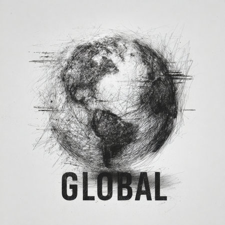 Artistic sketch of a globe combined with bold GLOBAL text in monochrome tones for a creative visual concept. High quality photoの素材