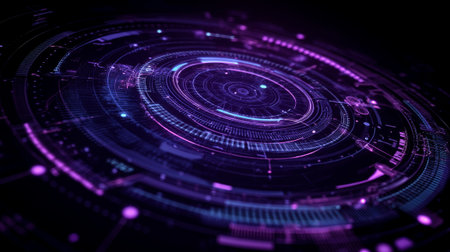 Abstract digital design featuring a glowing purple circular interface with neon highlights and technological patterns on a dark background. High quality photoの素材