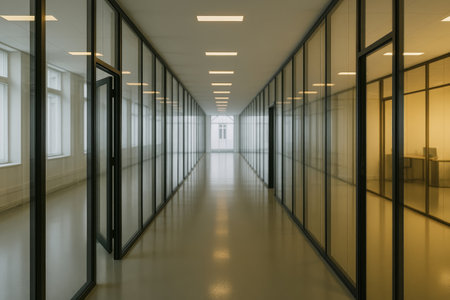 Long corridor in a modern office featuring glass partitions, clean flooring, and bright overhead lights creating a sleek professional environment. High quality photoの素材