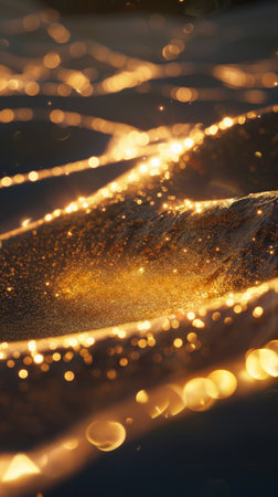 Abstract digital artwork featuring vertical golden lines with glowing highlights creating a luxurious cinematic effect on a dark background. High quality photoの素材