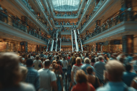 Modern shopping mall filled with people, featuring multiple escalators, bright lighting, and contemporary architecture, symbolizing retail and social interaction. High quality photoの素材