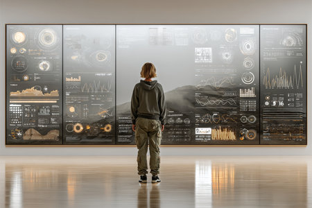 Individual facing a large illuminated wall filled with interactive data panels and futuristic graphics, symbolizing technology and information systems. High quality photoの素材